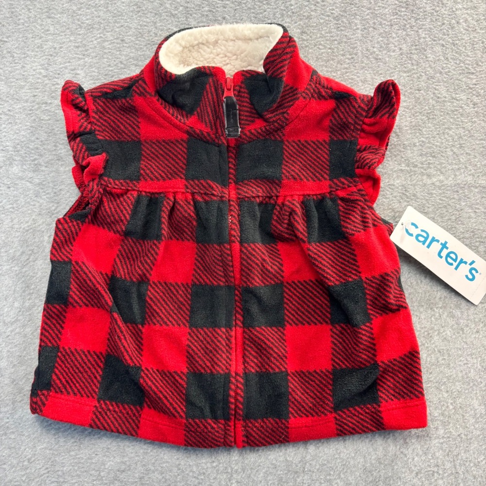 Carters Baby Girl Red Black Buffalo Plaid Fleece Vest Sherpa Lined Size 6m